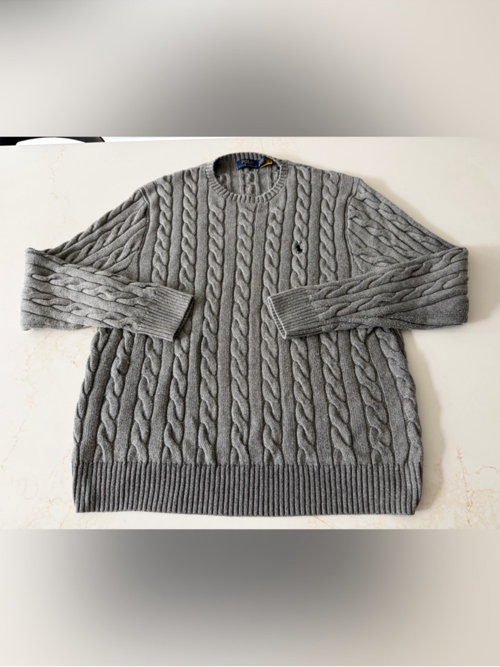 Polo Ralph Lauren Gray Cable-Knit Crewneck Sweater with Pony Logo